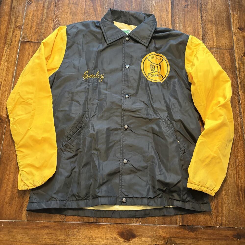 Vintage Maple Jacket Mens Medium Black Yellow Softball 1977 Champs Windbreaker - Picture 2 of 13